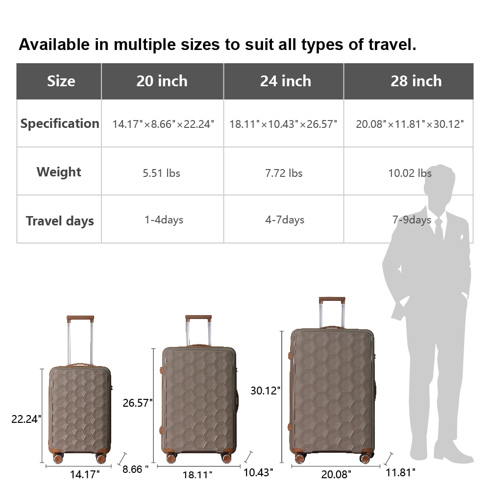 3-Piece Luggage Set Travel Lightweight Suitcases With Rolling Wheels, TSA Lock & Moulded Corner, Carry On Luggages For Business, Trip, (20"/24"/28"), Brown_voghion.com